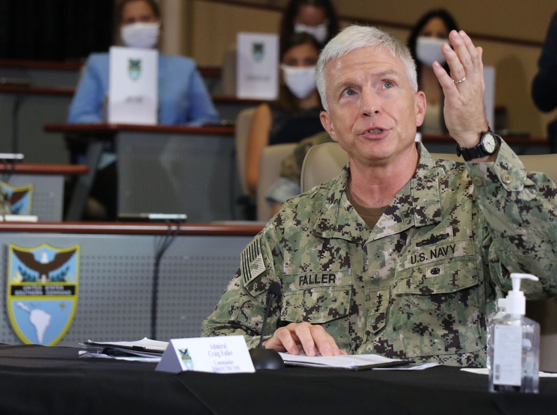 The commander of U.S. Southern Command, Navy Adm. Craig Faller, speaks during a briefing at SOUTHCOM headquarters in Doral, Florida.