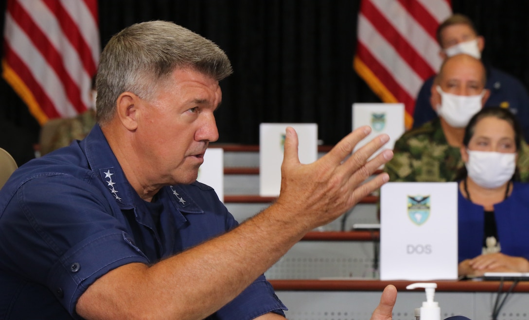 U.S. Coast Guard Commandant Adm. Karl L. Schultz speaks during a briefing at U.S. Southern Command headquarters in Doral, Florida.