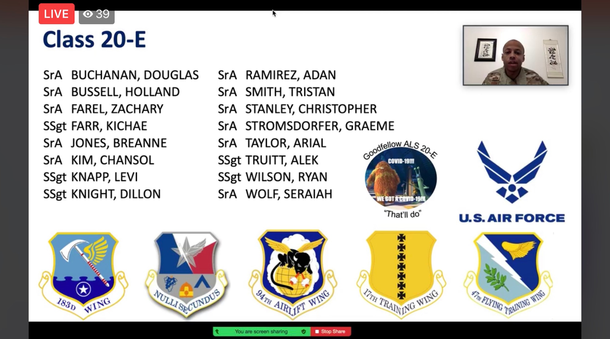 The roster of Airman Leadership School Class 20-E is shown during their virtual graduation July 9, 2020. The 16 Airmen came from five different bases across the nation. (Courtesy photo)