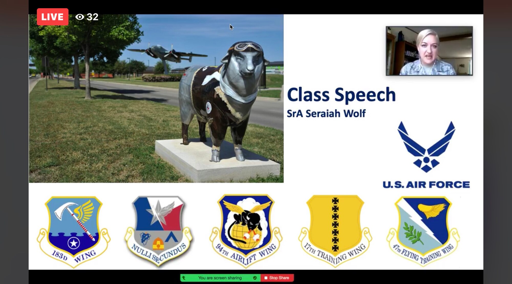 U.S. Air Force Senior Airman Seraiah Wolf, 17th Training Wing Public Affairs photojournalist, gives the class speech during Airman Leadership School Class 20-E’s virtual graduation, July 9, 2020. Wolf was the leader of her class which included extra responsibilities on top of her normal classwork. (Courtesy photo)
