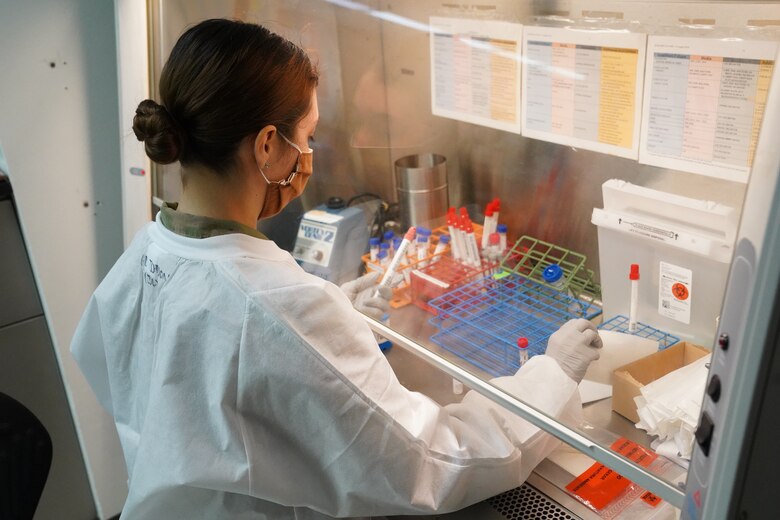 U.S. Air Force Airman 1st Class Alexandria Johnson, 81st Diagnostic and Therapeutics Squadron lab technician, prepares a COVID-19 sample for testing inside the Keesler Medical Center at Keesler Air Force Base, Mississippi, July 1, 2020. The Microbiology Department has been working to get fast, efficient, and accurate COVID test results to their
patients. (U.S. Air Force photo by Airman 1st Class Spencer Tobler)