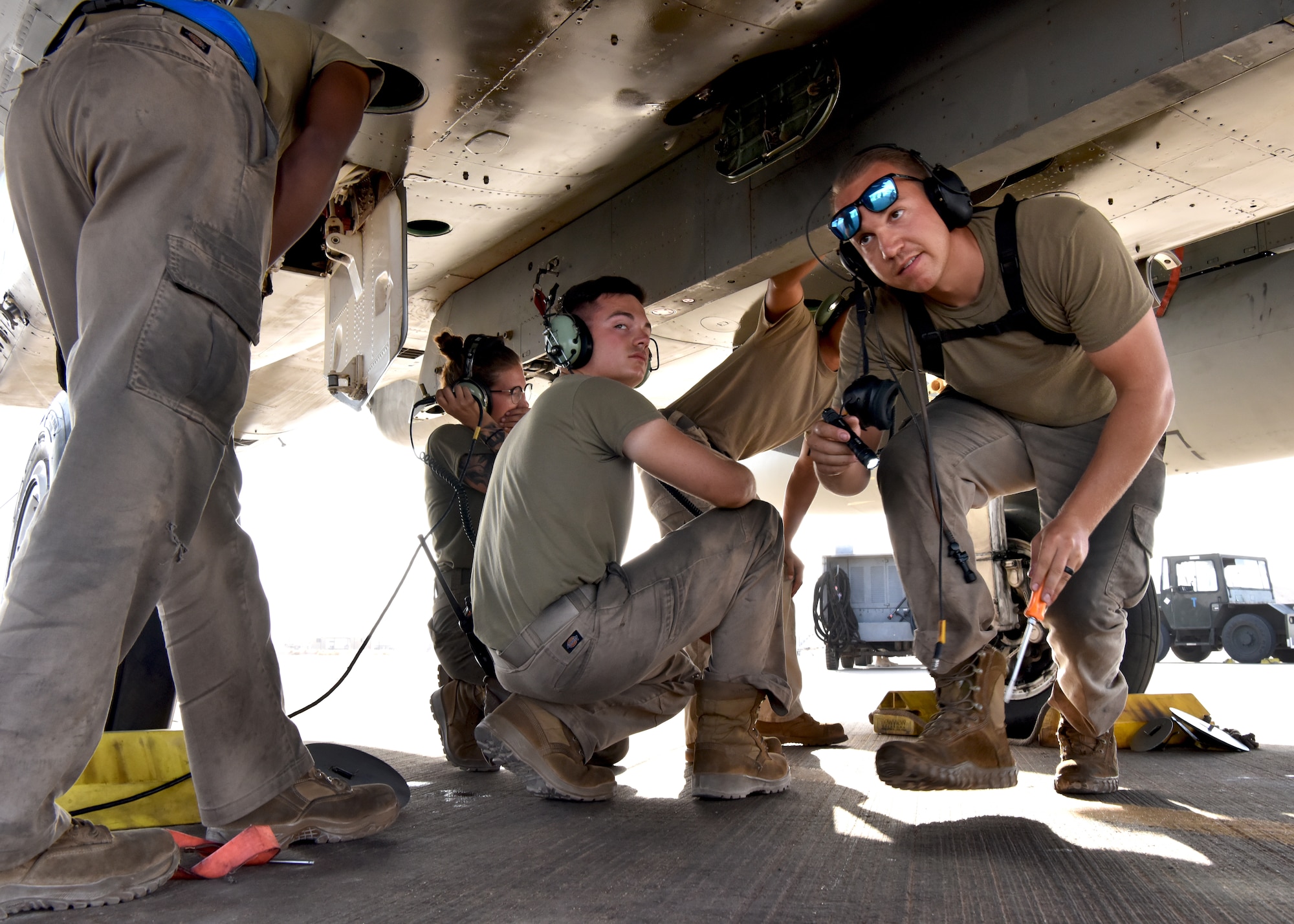 Airmen from the 378th Expeditionary Operations Group conduct an integrated combat turn to test their capability to land, refuel, weapons reload and take off.