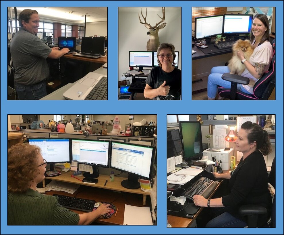 Members of the 130-person team at Travel Pay Processing - Ellsworth displayed AFIMSC's value of responsiveness by transitioning to telework status and reducing the number of people in the office. Top row from left to right, Thomas Roberts, Barb Schuch, Jamie Hartsock and Max. Bottom row from left to right, Charlene Larsen and Jean Osborne. (Courtesy photos)