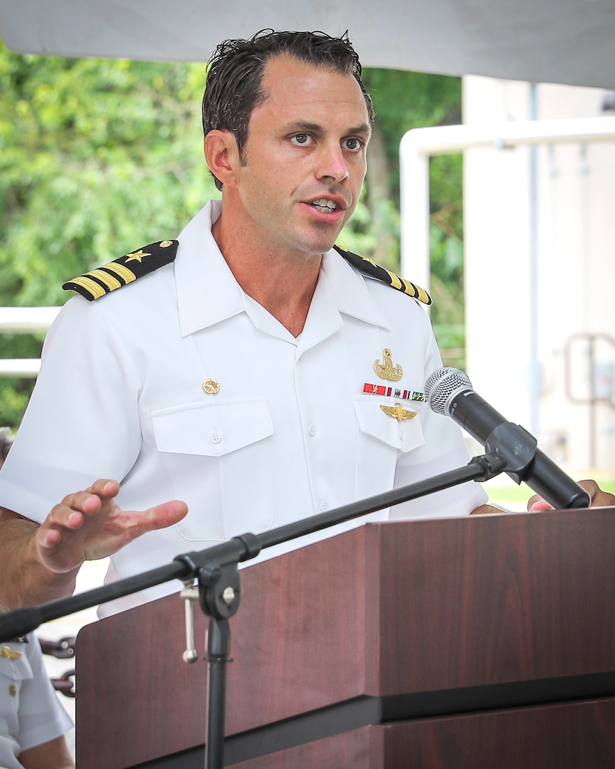 Cmdr. Edgar Britt gives remarks after relieving Cmdr. Matthew Myers as commanding officer of Expeditionary Exploitation Unit One (EXU-1) during a change of command ceremony onboard Naval Support Facility Indian Head, July 10. (U.S. Navy photo by Matthew Poynor)
