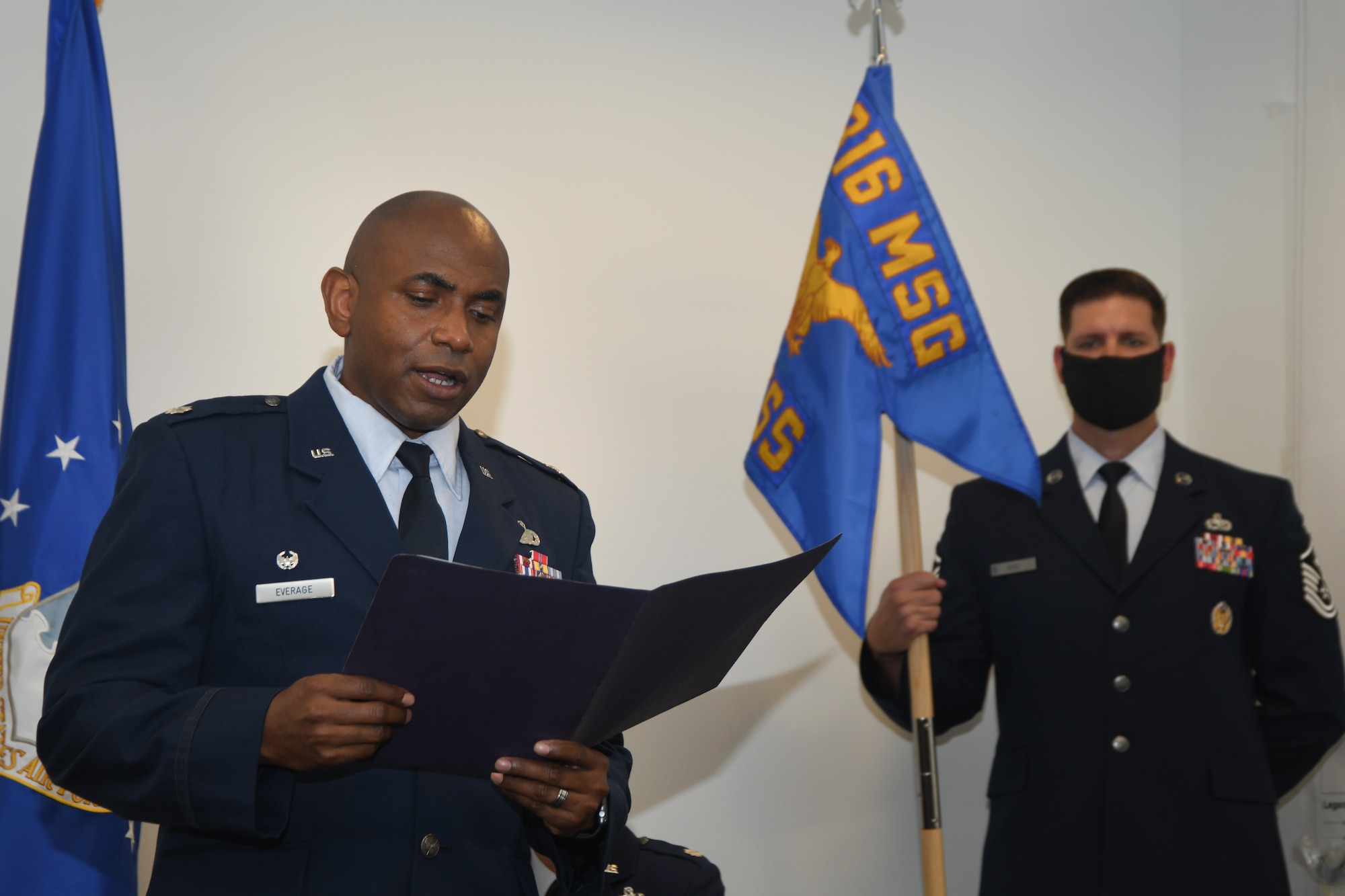 Lt. Col. Corey S. Everage speaks to members of the 811th Force Support Squadron and 316th Mission Support Group after assuming command during a change of command ceremony at Joint Base Andrews, Md., July 10, 2020.