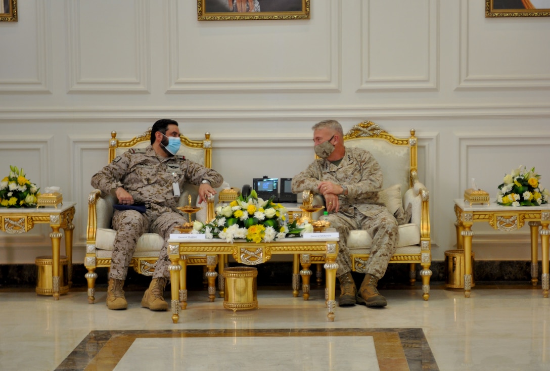 U.S. Marine Corps Gen Frank McKenzie, CDR, U.S. Central Command sits with Saudi Arabian Maj. Gen. Khalid bin Abdullah AlShablan, commander, Prince Sultan Air Base, during a visit to Prince Sultan Air Base, Kingdom of Saudi Arabia, July 9, 2020. During the visit, Gen McKenzie was able to visit with Soldiers, Marines, and Airmen around the base and see how Prince Sultan Air Base is sustaining and defending its region in CENTCOM’s area of responsibility. (U.S. Air Force Photo by Capt. Tisha Yates).