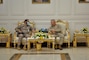 U.S. Marine Corps Gen Frank McKenzie, CDR, U.S. Central Command sits with Saudi Arabian Maj. Gen. Khalid bin Abdullah AlShablan, commander, Prince Sultan Air Base, during a visit to Prince Sultan Air Base, Kingdom of Saudi Arabia, July 9, 2020. During the visit, Gen McKenzie was able to visit with Soldiers, Marines, and Airmen around the base and see how Prince Sultan Air Base is sustaining and defending its region in CENTCOM’s area of responsibility. (U.S. Air Force Photo by Capt. Tisha Yates).