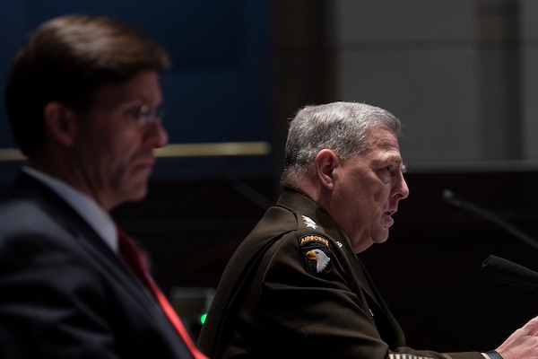Secretary of Defense Dr. Mark T. Esper and U.S. Army Gen. Mark A. Milley, chairman of the Joint Chiefs of Staff provide testimony to the House Armed Services Committee on Department of Defense authorities and roles related to civilian law inforcement in Washington D.C., July 9, 2020.
