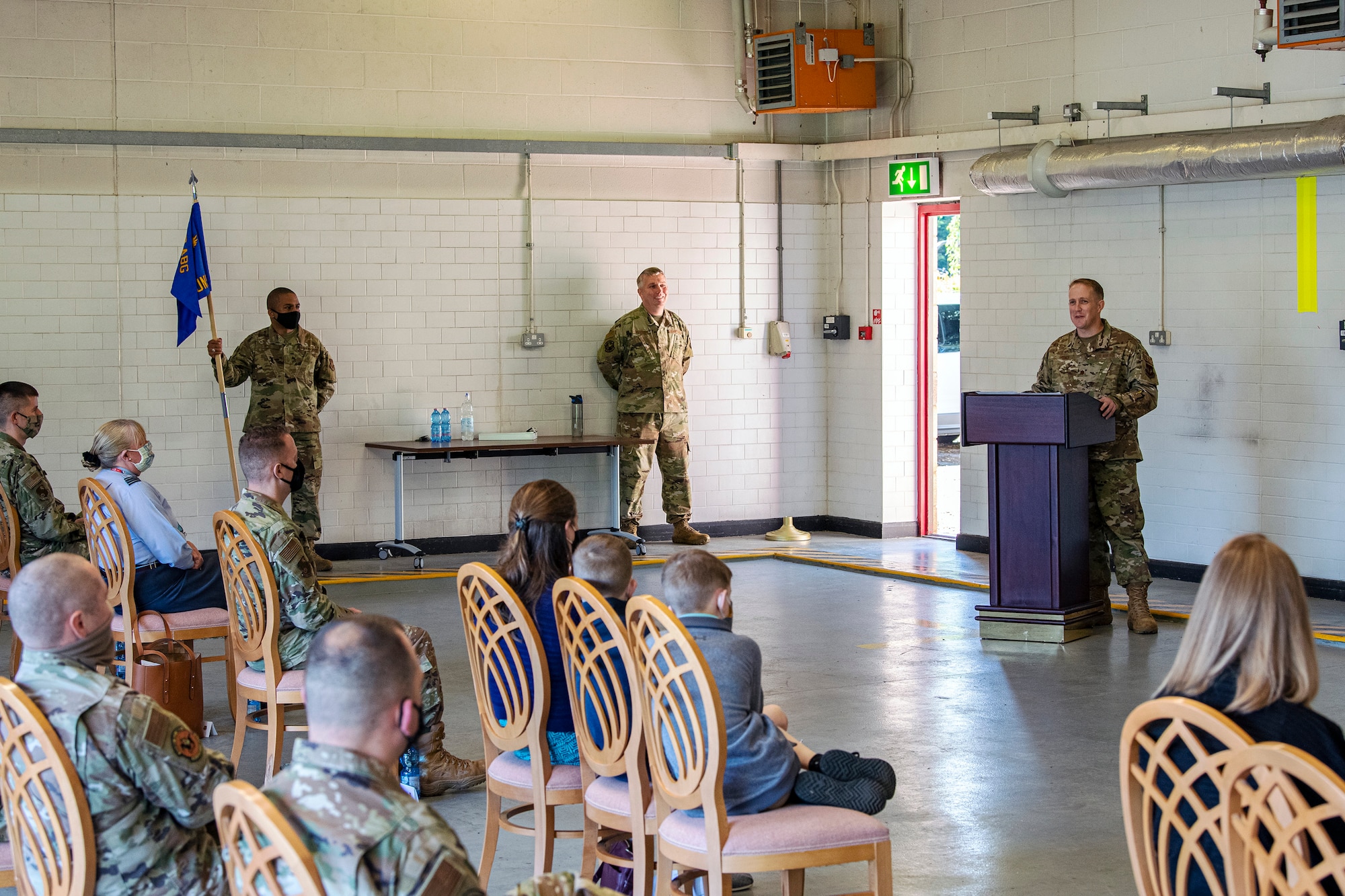 U.S. Air Force Maj. Kenneth French, 420th Munitions Squadron (MUNS) outgoing commander, speaks during a change of command ceremony at RAF Welford, England, July 10, 2020. The change of command ceremony is a military tradition that represents a formal transfer of a unit’s authority and responsibility from one commander to another. During the ceremony French relinquished command of the 420th MUNS to Maj. Christopher Wood. (U.S. Air Force photo by Senior Airman Eugene Oliver)