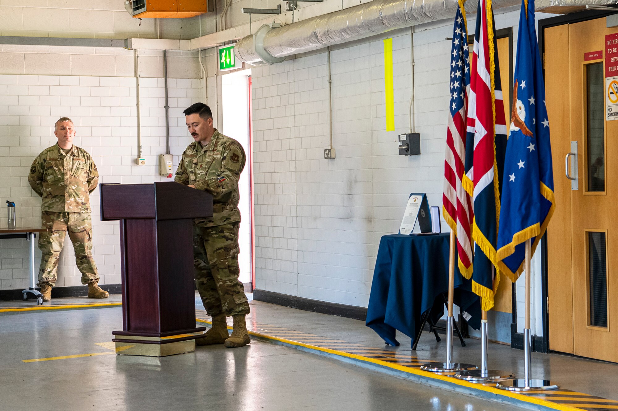 U.S. Air Force Maj. Christopher Wood, 420th Munitions Squadron incoming commander, speaks during a change of command ceremony at RAF Welford, England, July 10, 2020. Wood previously served as the Nuclear Maintenance Branch Chief, U.S. Air Forces in Europe - Air Forces Africa, Ramstein Air Base, Germany. (U.S. Air Force photo by Senior Airman Eugene Oliver)