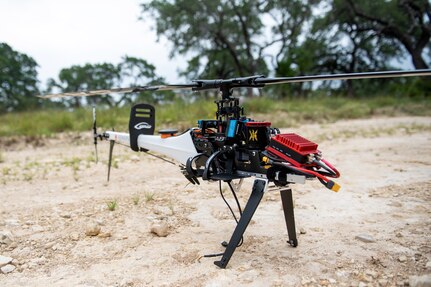 An unmanned aerial system is set up in preparation for a test flight July 9, 2020, at Joint Base San Antonio-Camp Bullis, Texas.An unmanned aerial system is set up in preparation for a test flight July 9, 2020, at Joint Base San Antonio-Camp Bullis, Texas.