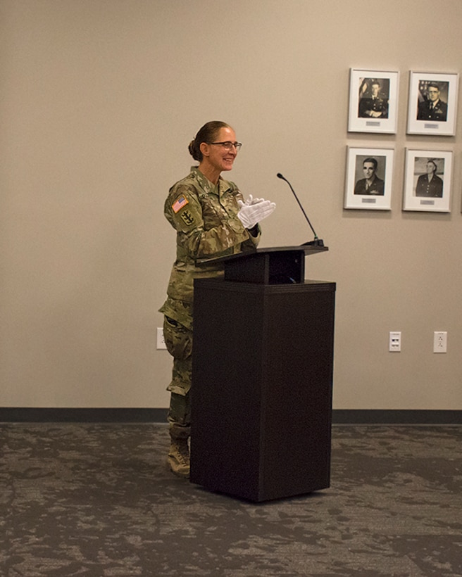USACE South Pacific Division Commander Brig. Gen. Kimberly Colloton addresses the audience during the Albuquerque District change of command ceremony, July 9, 2020, at the Albuquerque District's office.