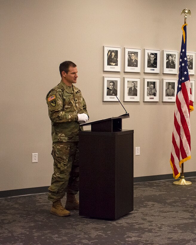 New Albuquerque District Commander Lt. Col. Patrick Stevens addresses the audience after assuming command of the Albuquerque District, July 9, 2020, during a change of command ceremony at the district office.