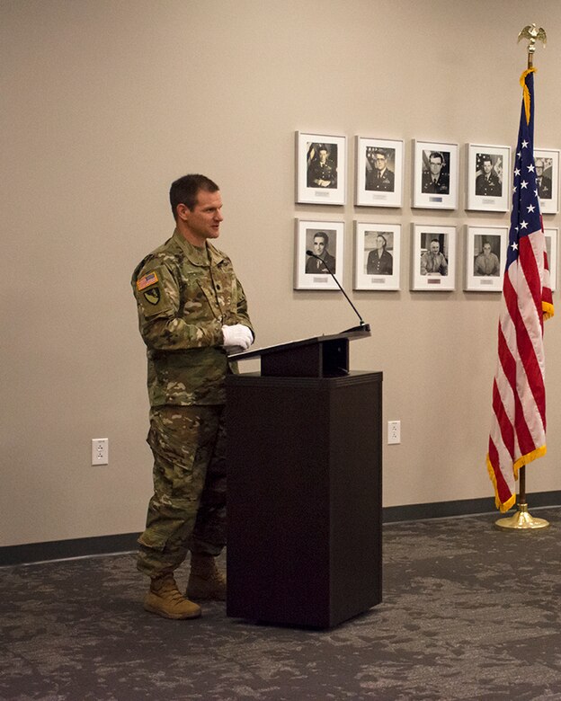 New Albuquerque District Commander Lt. Col. Patrick Stevens addresses the audience after assuming command of the Albuquerque District, July 9, 2020, during a change of command ceremony at the district office.