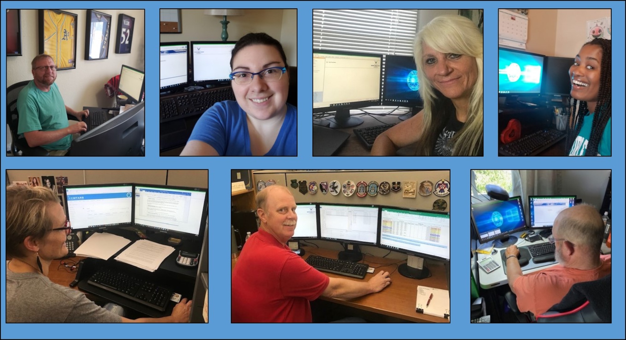 Members of the 130-person team at Travel Pay Processing - Ellsworth displayed AFIMSC's value of responsiveness to meet social distancing requirements. The team reduced the number of people in the office and transitioned many to telework status. Top row from left to right, David Gross, Tierny Ray, Melinda Hilmer, and Julie Tamin. Bottom row from left to right, Tracy McCausland, Tom Eifert, and James Copeland. (Courtesy photos)