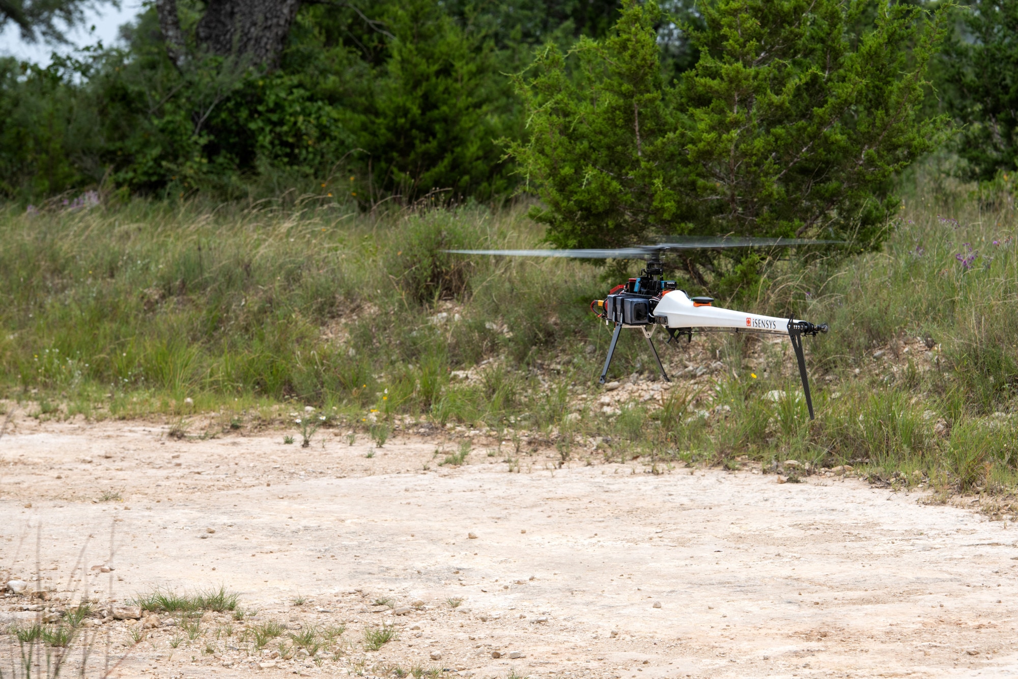 An unmanned aerial system prepares to take off during a test flight July 9, 2020, at Joint Base San Antonio-Camp Bullis, Texas.