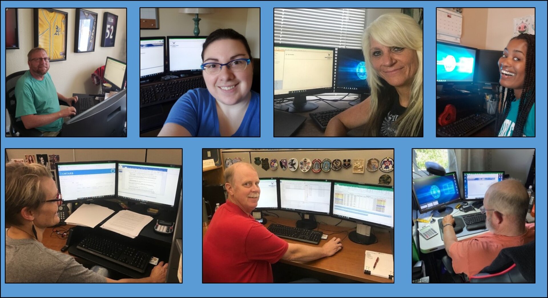 Members of the 130-person team at Travel Pay Processing - Ellsworth displayed AFIMSC's value of responsiveness to meet social distancing requirements. The team reduced the number of people in the office and transitioned many to telework status. Top row from left to right, David Gross, Tierny Ray, Melinda Hilmer, and Julie Tamin. Bottom row from left to right, Tracy McCausland, Tom Eifert, and James Copeland. (Courtesy photos)