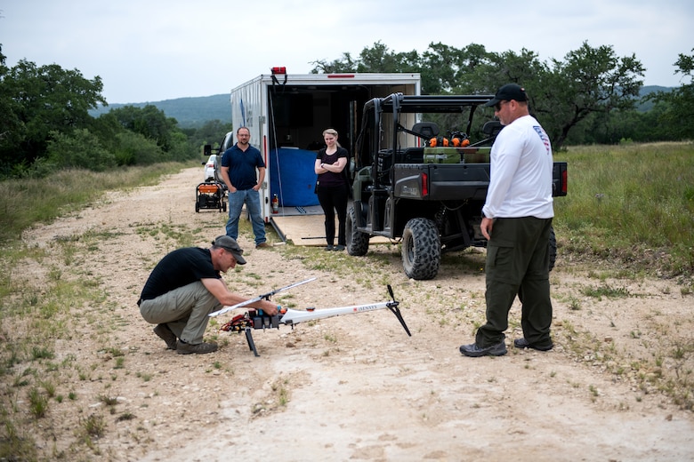 An unmanned aerial system is prepared for a test flight July 9, 2020, at Joint Base San Antonio-Camp Bullis, Texas.