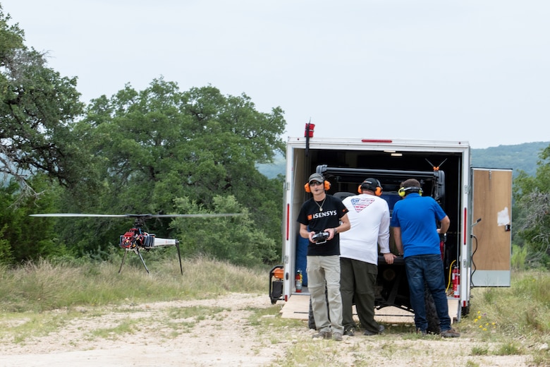 An unmanned aerial system prepares to take off during a test flight July 9, 2020, at Joint Base San Antonio-Camp Bullis, Texas.