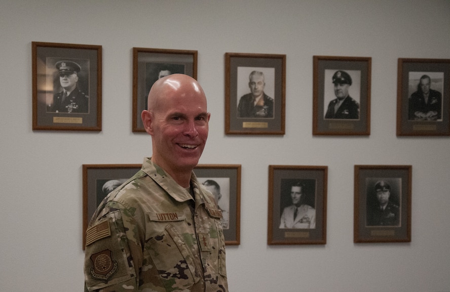 Maj. Gen. Michael J. Lutton poses in front of a former 20th Air Force commander wall at the 20th Air Force headquarters, 10 July 2020, F. E. Warren Air Force Base, Wyoming. Lutton took command of 20th Air Force 8 July 2020. (U.S. Air Force photo by 1st Lt Ieva Bytautaite)