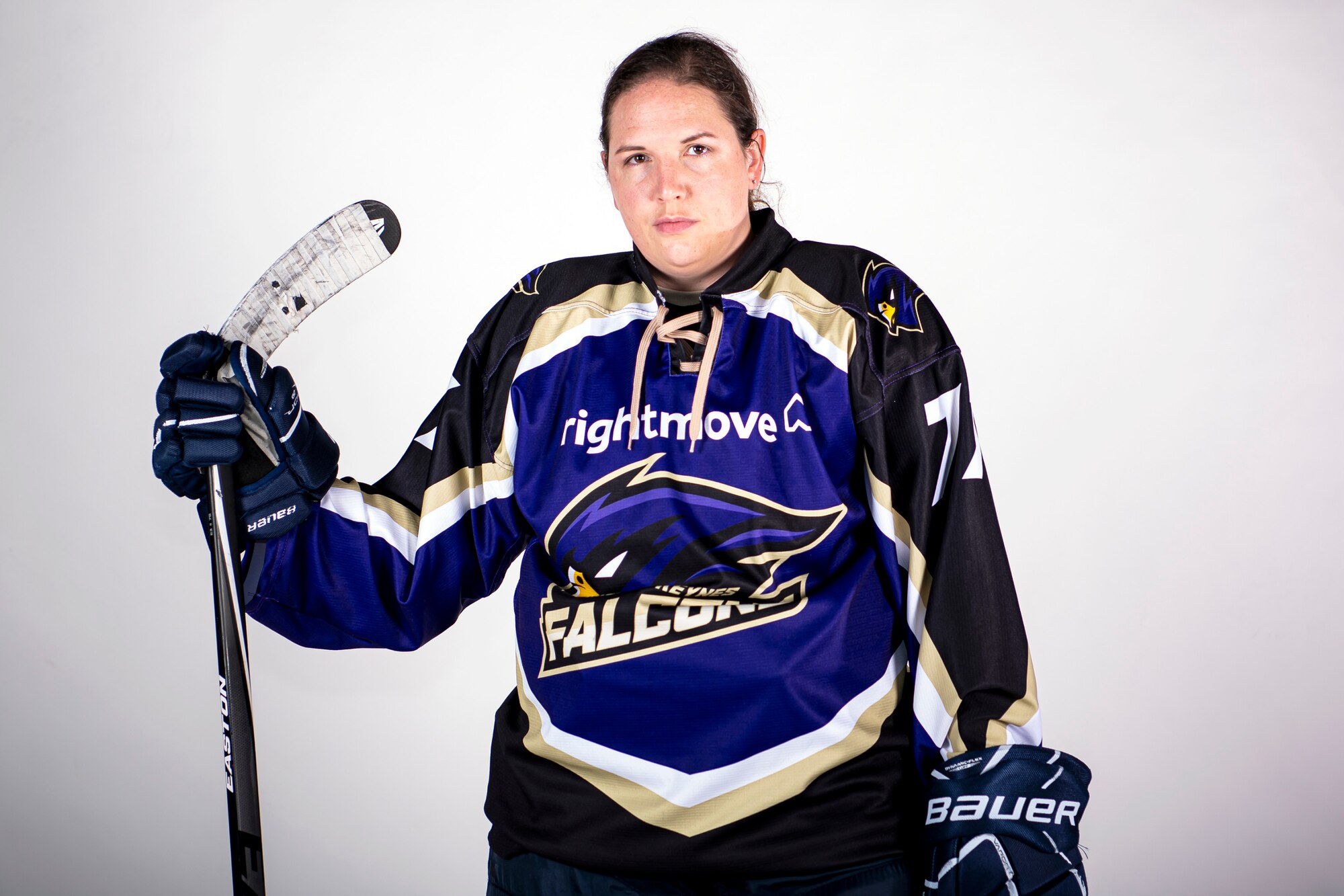 U.S. Air Force Maj. Eileen Ebenger, 501st Combat Support Wing medical operations flight commander, poses for a photo wearing her ice hockey kit at RAF Croughton, England, July 7, 2020. Ebenger is an avid hockey fan and currently plays for the Milton Keynes Falcons women’s ice hockey team. (U.S. Air Force photo by Senior Airman Eugene Oliver)