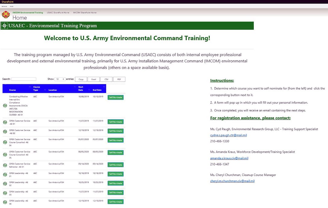 A screenshot of the U.S. Army Environmental Command Sharepoint page.