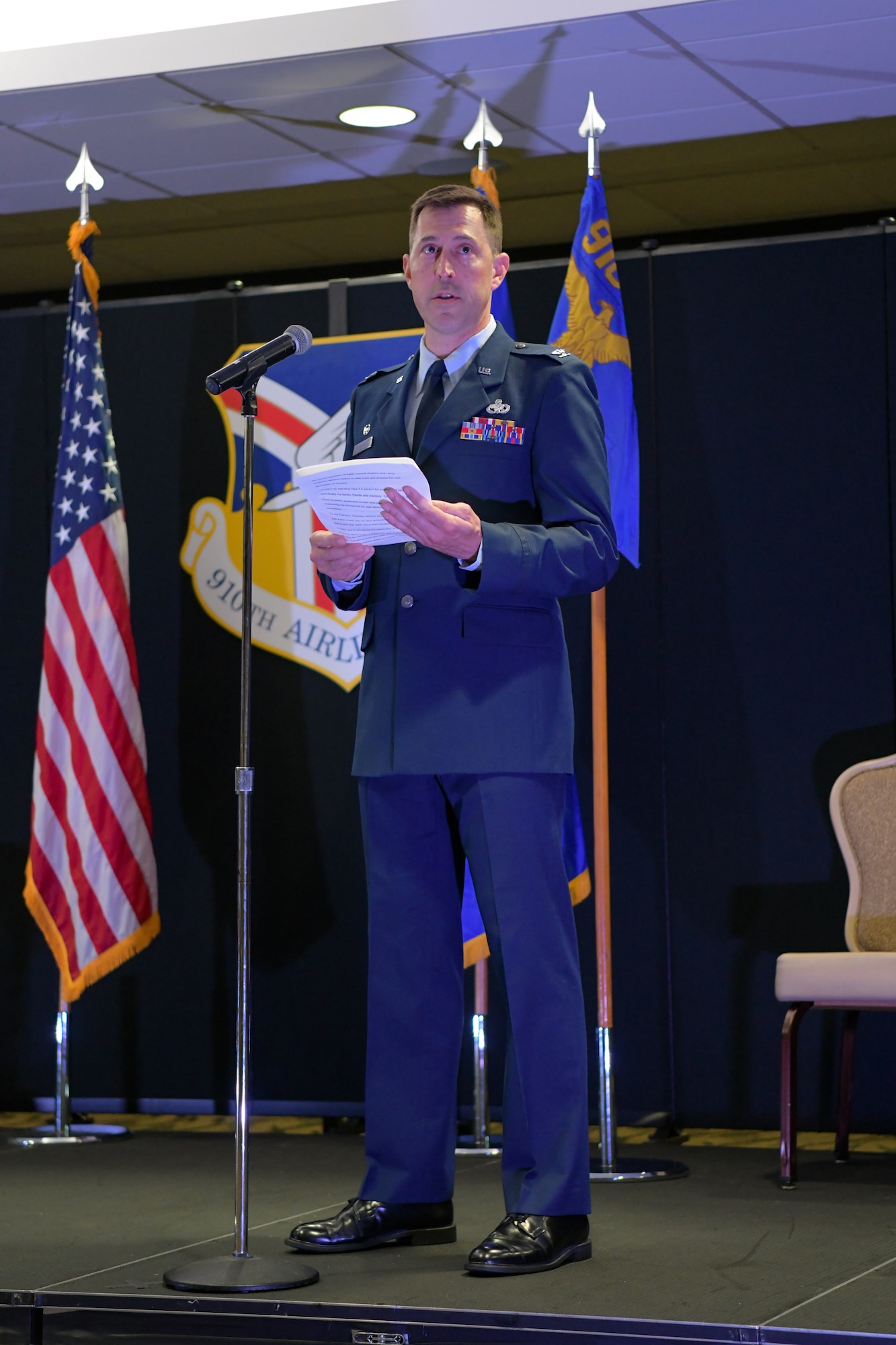 Col. Gregory Meyer, commander of the 910th Mission Support Group, speaks at his assumption of command ceremony, July 11, 2020, Youngstown Air Reserve Station, Ohio. Meyer assumed command of the 910th MXG, which provides overall command and control of installation-level support services.