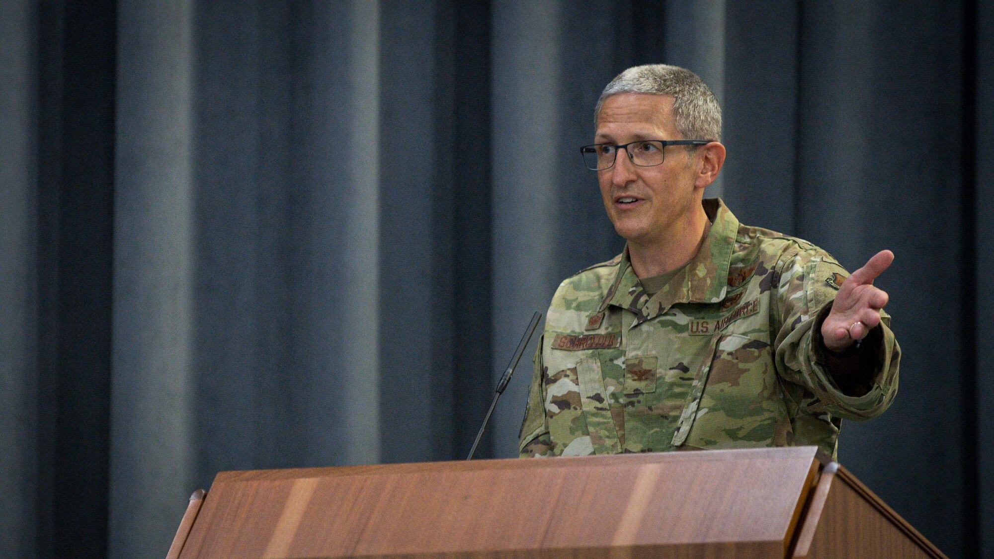 Col. Erich W. Schroeder, incoming 2nd Medical Group commander, addresses the crowd during a change of command ceremony at Barksdale Air Force Base, La., July 10, 2020.