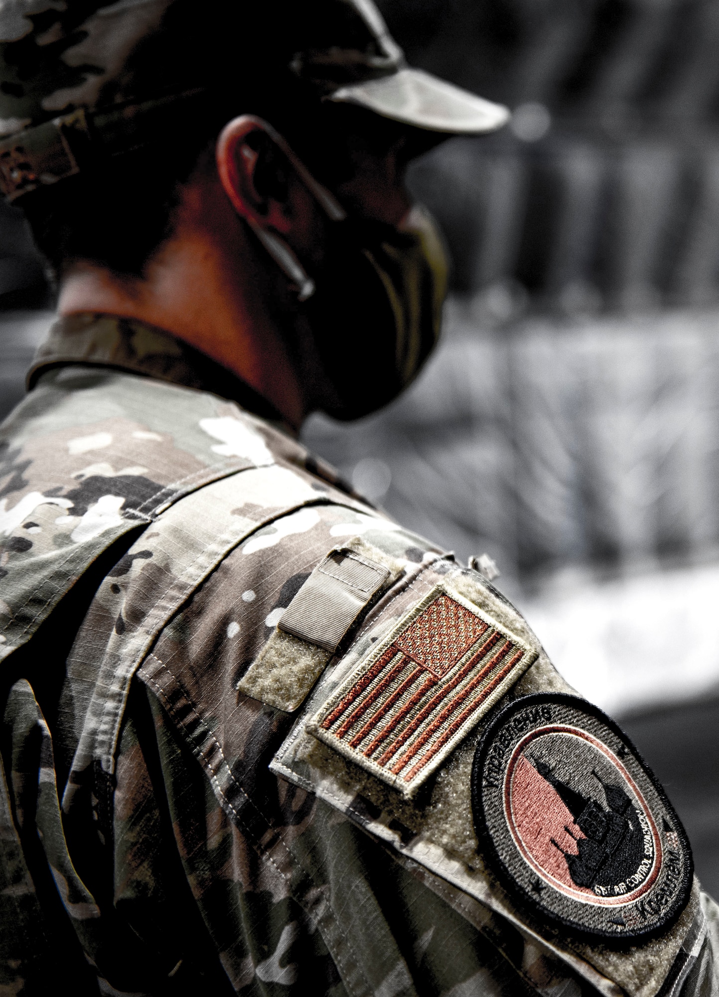 U.S. Air Force Master Sgt. John Reeves with the 81st Air Control Squadron stands at attention during a first salute ceremony at Tyndall Air Force Base, Florida, July 8, 2020. The 81st ACS unit patch symbolizes a long history of success for the ACS. (U.S. Air Force photo by Staff Sgt. Magen M. Reeves)