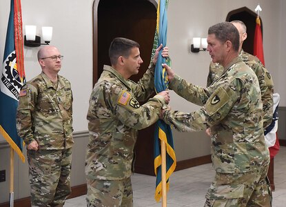 The Logistics Civil Augmentation Program Support Brigade, U.S. Army Reserve Sustainment Command, held a change of command ceremony via video live streaming, July 10 at RIA in Heritage Hall.