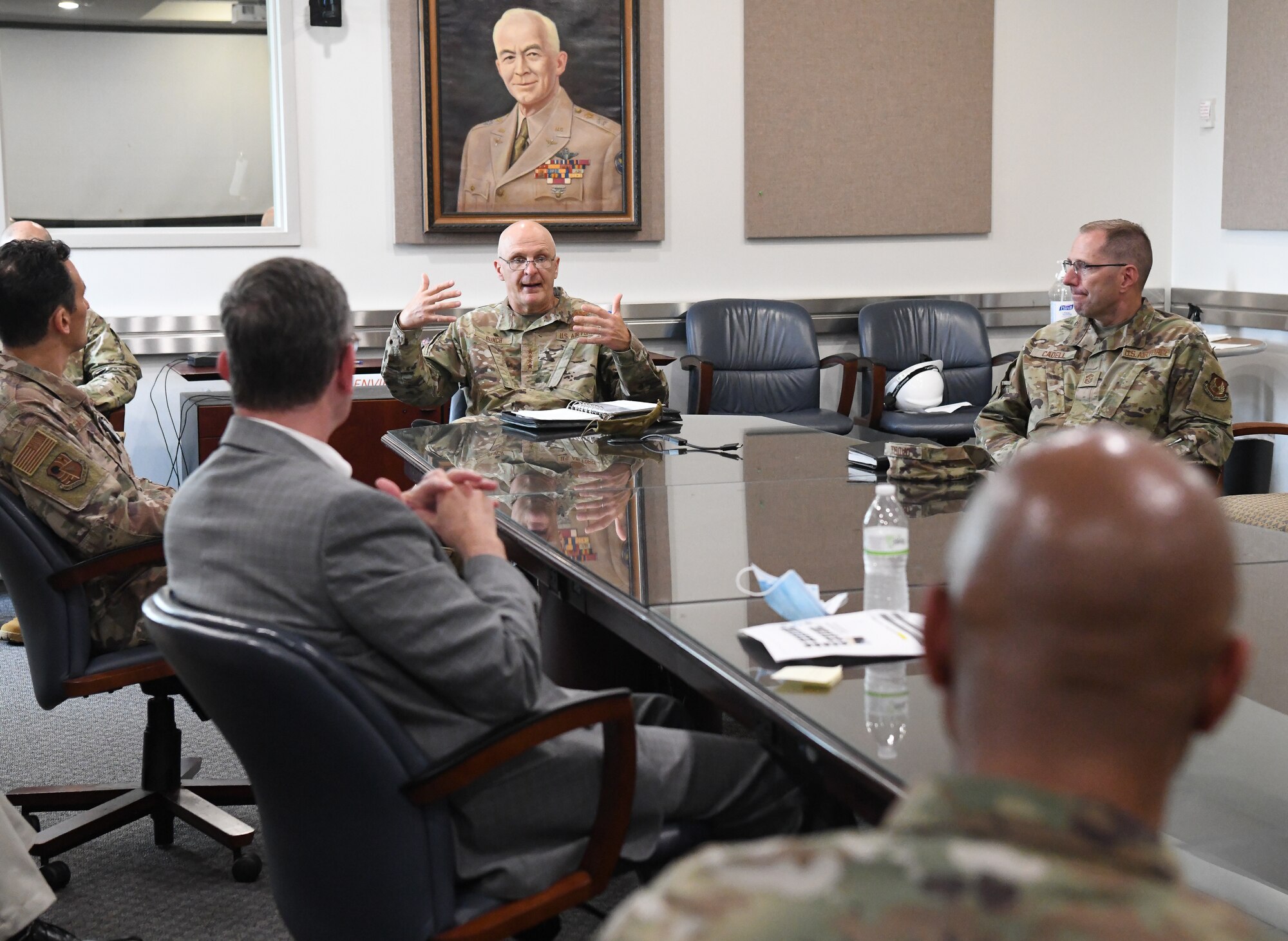 Gen. Arnold W. Bunch Jr., center, commander, Air Force Materiel Command, initiates a discussion about diversity and inclusion with Arnold Engineering Development Complex (AEDC) senior leadership, July 8, 2020, at Arnold Air Force Base, Tenn., headquarters of AEDC. Also pictured, Chief Master Sgt. Stanley Cadell, right, command chief, Air Force Materiel Command. Bunch and Cadell also held a diversity and inclusion discussion session with members of Team AEDC, including uniformed Airmen, DOD civilians and contractors. (U.S. Air Force photo by Jill Pickett)