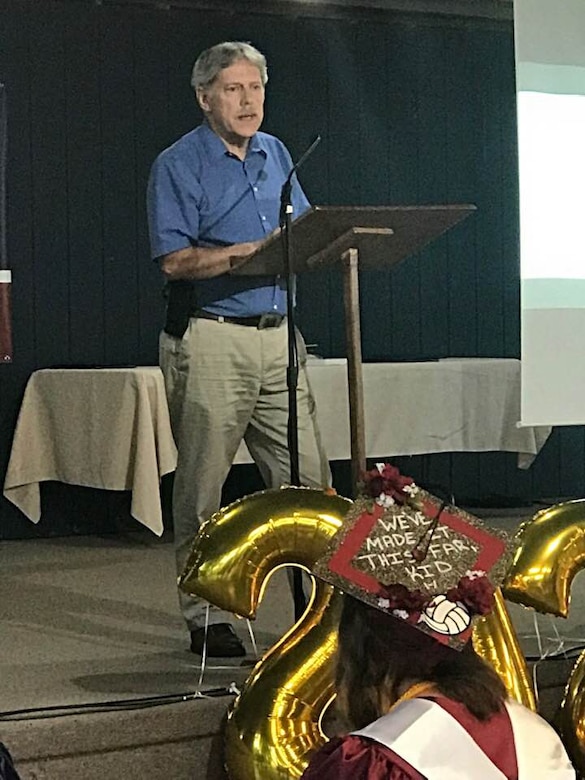 Middle East District Engineering Division Branch Chief Tom Stephenson shares his inspiration for establishing a scholarship for students interested in pursuing STEM careers during the presentation to the first recipient, Zachary Harner.