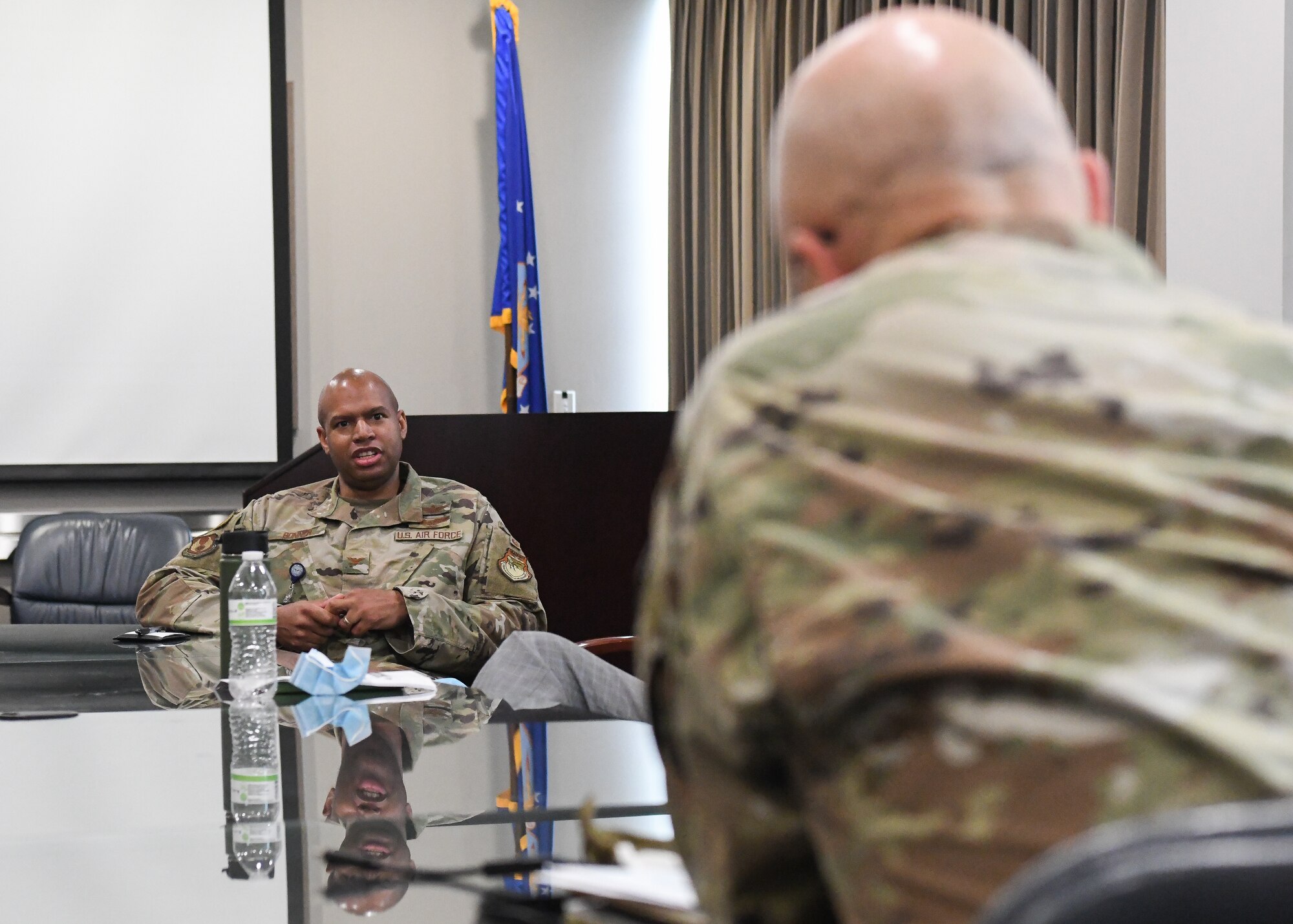 Col. Ernest Lincoln Bonner, chief of the Arnold Engineering Development Complex (AEDC) Test Division, offers his thoughts to Gen. Arnold W. Bunch Jr., commander, Air Force Materiel Command, during a discussion on diversity and inclusion held by Bunch with AEDC senior leadership, July 8, 2020, at Arnold Air Force Base, Tenn., headquarters of AEDC. Bunch also held a discussion with members of Team AEDC, including uniformed Airmen, DOD civilians and contractors. (U.S. Air Force photo by Jill Pickett)