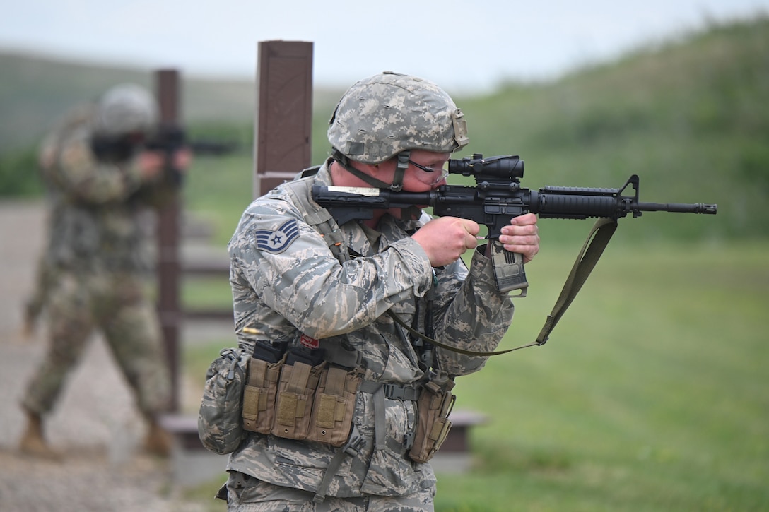 An Airman aims an M4 rifle on the firing range during the 2020 North Dakota National Guard Adjutant General’s Combat Marksmanship Match at the Camp Grafton Training Center firing complex, near McHenry, North Dakota, July 11, 2020.