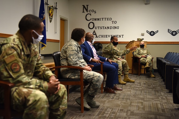 U.S. Air Force Brig. Gen. Peter Bailey, Second Air Force guard assistant, gives remarks during a Courageous Conversations panel inside Mathies NCO Academy at Keesler Air Force Base, Mississippi, July 10, 2020. Multiple panels have been established to develop racial consciousness, help uncover bias and identify other actions Keesler can take to create a culture of empowerment, diversity and inclusion. (U.S. Air Force photo by Senior Airman Suzie Plotnikov)