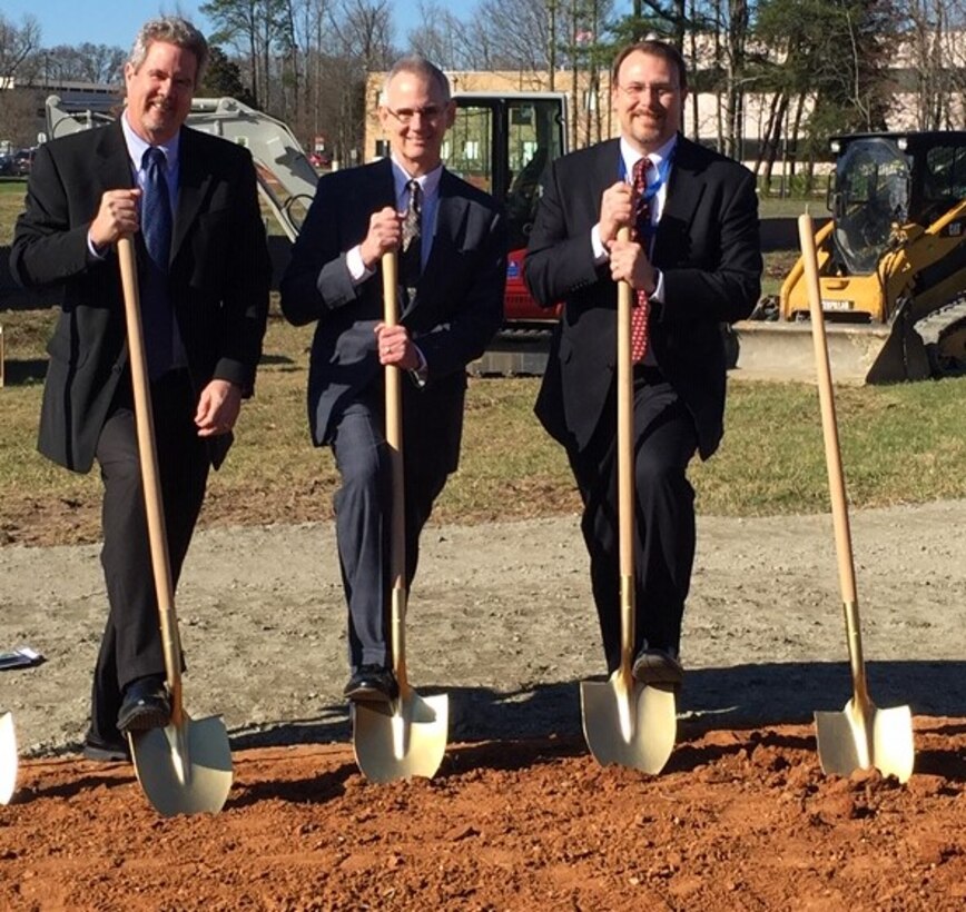 IMAGE: DAHLGREN, Va. – Paul Quinn, a Naval Surface Warfare Center Dahlgren Division (NSWCDD) engineer, right, is pictured in 2016 at a Naval Surface Warfare Center Dahlgren Division (NSWCDD) groundbreaking ceremony for a new facility considered vital to the Navy's Submarine Launched Ballistic Missile (SLBM) Program. Quinn won the Navy Meritorious Civilian Service Award, NSWCDD announced in July 2020. The award recognizes Quinn for exceptional leadership and commitment to the SLBM Program.