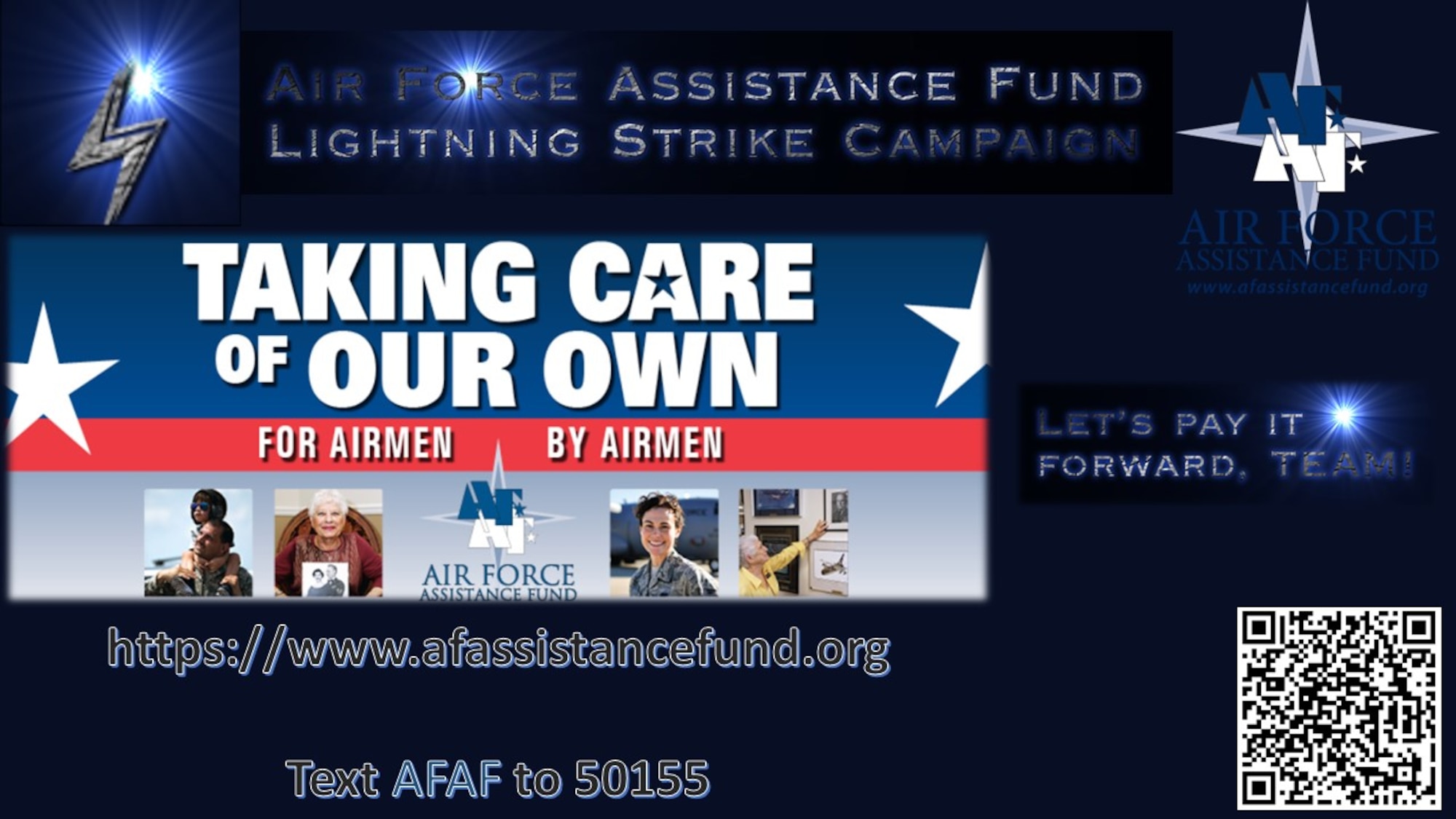 A graphic depicting the AFAF Lightning Strike Campaign, highlighting that people can donate an online contribution at www.afassistancefund.org and clicking “Donate Now” or by texting “AFAF” to 50155.