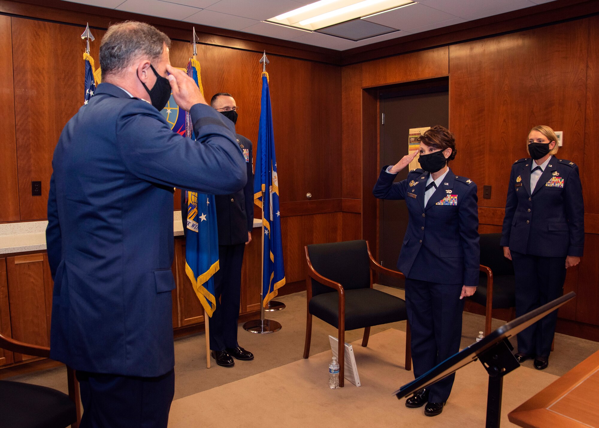 U.S. Air Force Col. Patricia Csànk relinquishes command of the 673d Air Base Wing during the change of command ceremony at Joint Base Elmendorf-Richardson, Alaska, July 14, 2020. The 673d ABW is composed of a command section, the 673d Comptroller Squadron, and four groups; the 673d Mission Support Group, the 673d Medical Group, 673d Civil Engineer Group, and the 673d Logistics Readiness Group. These are the primary organizations responsible for providing installation management functions to ensure JBER remains America's premier strategic power projection platform. The wing supports and enables three AF total-force wings, one Army brigade and 55 tenant units. The change of command ceremony was adapted to comply with COVID-19 health and safety measures.
