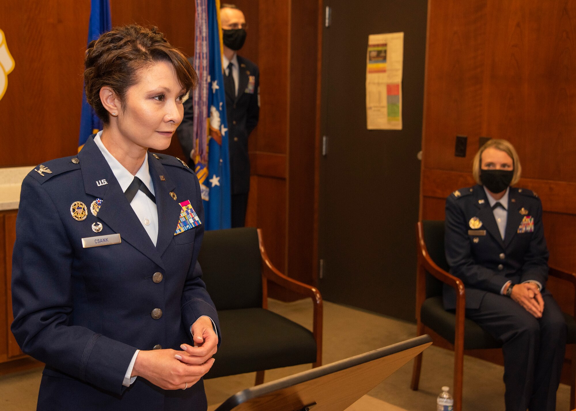 U.S. Air Force Col. Patricia Csànk gives her farewell speech during the 673d Air Base Wing change of command ceremony at Joint Base Elmendorf-Richardson, Alaska, July 14, 2020. The 673d ABW is composed of a command section, the 673d Comptroller Squadron, and four groups; the 673d Mission Support Group, the 673d Medical Group, 673d Civil Engineer Group, and the 673d Logistics Readiness Group. These are the primary organizations responsible for providing installation management functions to ensure JBER remains America's premier strategic power projection platform. The wing supports and enables three AF total-force wings, one Army brigade and 55 tenant units. The change of command ceremony was adapted to comply with COVID-19 health and safety measures.