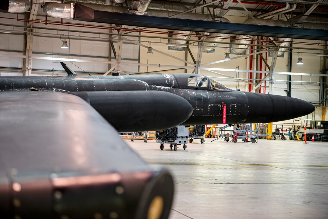 A U-2 Dragon Lady rests in a hangar at RAF Fairford, England, July 7, 2020. The U-2 aircraft assigned to the 9th Reconnaissance Wing, Beale Air Force Base, Calif., are currently deployed to RAF Fairford as part of the 99th Expeditionary Reconnaissance Squadron. The aircraft supplements a variety of missions that enhance regional and global security in support of U.S. and NATO allies and regional partners. (U.S. Air Force photo by Senior Airman Eugene Oliver)