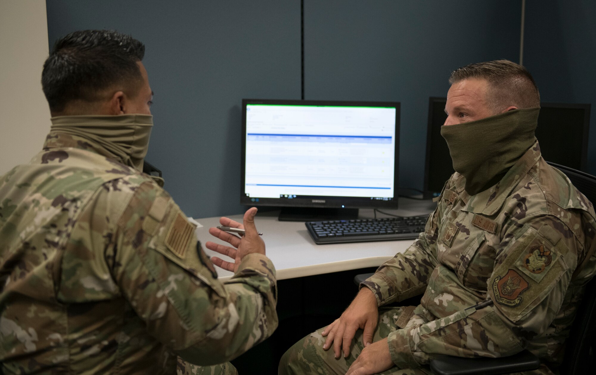 Master Sgt. Nathan Sigars, 419th Inspector General superintendent, instructs Tech. Sgt. Luis Choto, 419th Logistics Readiness Squadron, on different aspects of the Management Internal Control Toolkit