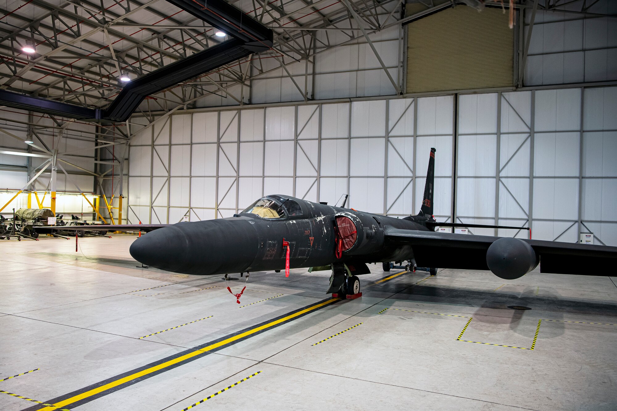 A U-2 Dragon Lady rests in a hangar at RAF Fairford, England, July 7, 2020. The U-2 aircraft assigned to the 9th Reconnaissance Wing, Beale Air Force Base, Calif., are currently deployed to RAF Fairford as part of the 99th Expeditionary Reconnaissance Squadron. The aircraft supplements a variety of missions that enhance regional and global security in support of U.S. and NATO allies and regional partners. (U.S. Air Force photo by Senior Airman Eugene Oliver)