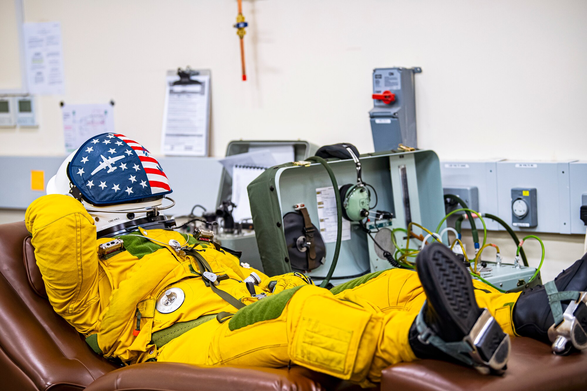 U.S. Air Force Capt. Joshua Hall, 99th Reconnaissance Squadron U-2 Dragon Lady pilot, receives suit preparations prior to takeoff at RAF Fairford, England, July 8, 2020. The U-2 aircraft assigned to the 9th Reconnaissance Wing, Beale Air Force Base, Calif., are currently deployed to RAF Fairford as part of the 99th Expeditionary Reconnaissance Squadron. (U.S. Air Force photo by Senior Airman Eugene Oliver)