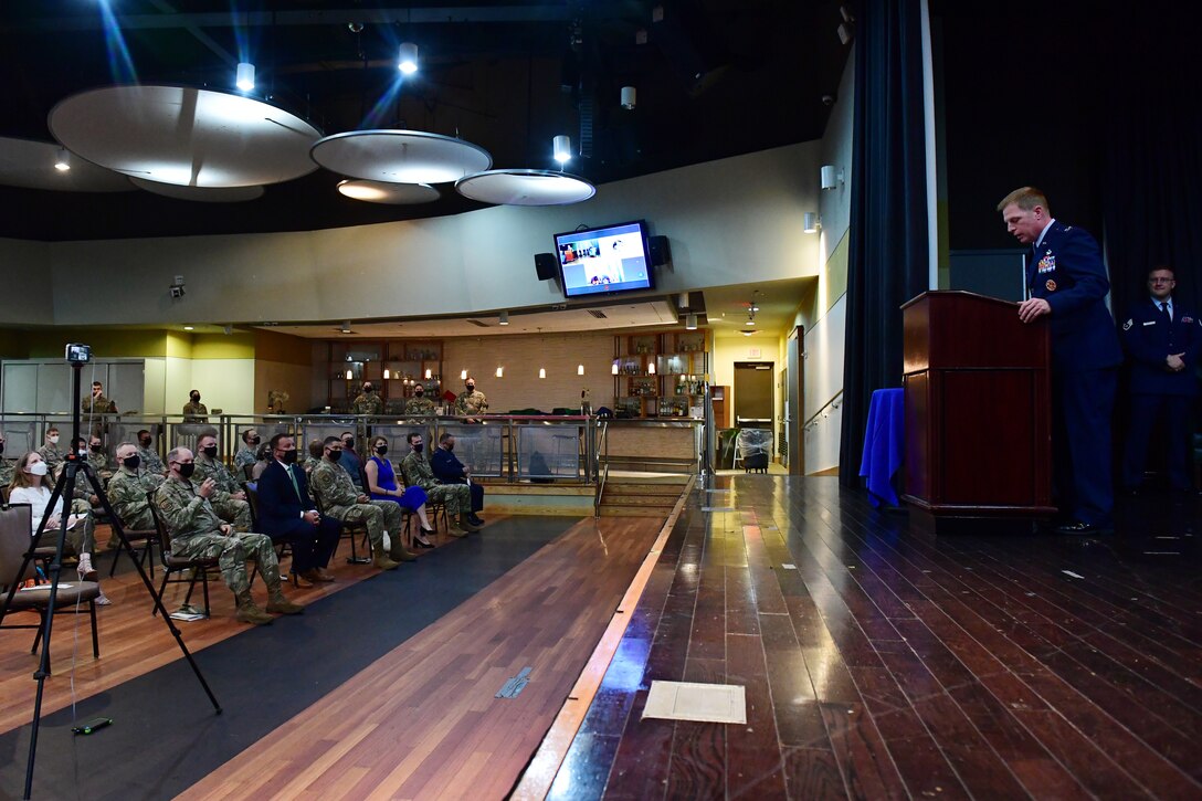 Col. Lester Oberg relinquishes command of the 694th Intelligence, Surveillance and Reconnaissance Group to Col. Garry Floyd at Osan Air Base, Republic of Korea, July 15, 2020. The mission of the 694th ISRG is to provide continuous armistice indications and warnings, as well as intelligence, surveillance and reconnaissance operations in support of the Republic of Korea.  (U.S. Air Force photo by Senior Airman Noah Sudolcan)