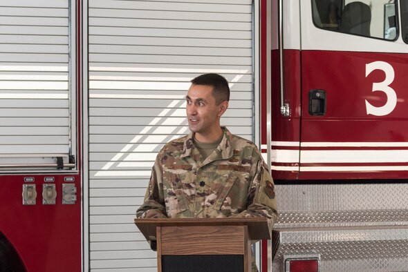 Lt. Col. Marc Johansen, 47th Civil Engineer Squadron commander, addresses the 47 CES during his assumption of command on July 13, 2020 at Laughlin Air Force Base, Texas. He and his family were last stationed at Stuttgart, Germany, where he served as engineer division chief at  Special Operations Command in Europe. (U.S. Air Force photo by Senior Airman Anne McCready)