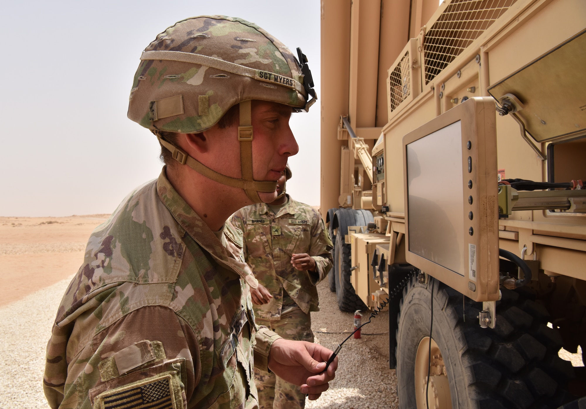 S. Army Soldiers from Bravo Battery, 2nd Air Defense Artillery Regiment system checks a Terminal High Altitude Area Defense (THAAD) launcher during routine start up procedures in the U.S. Central Command’s area of responsibility.