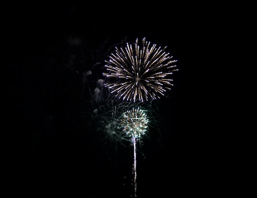 Fireworks light up the night sky over Columbus Air Force Base, Miss. during the BLAZE Fest Fireworks show, July 3, 2020. The 20-minute fireworks show was livestreamed on Facebook live to allow as much participation in the Independence Day holiday while practicing safe social distancing procedures. (U.S. Air Force photo by Airman 1st Class Hannah Bean)