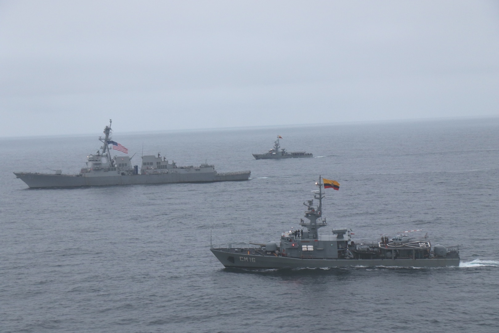 The Ecuadorian Navy corvette BAE Manabi and BAE Lojo conduct a passing exercise with USS Halsey.