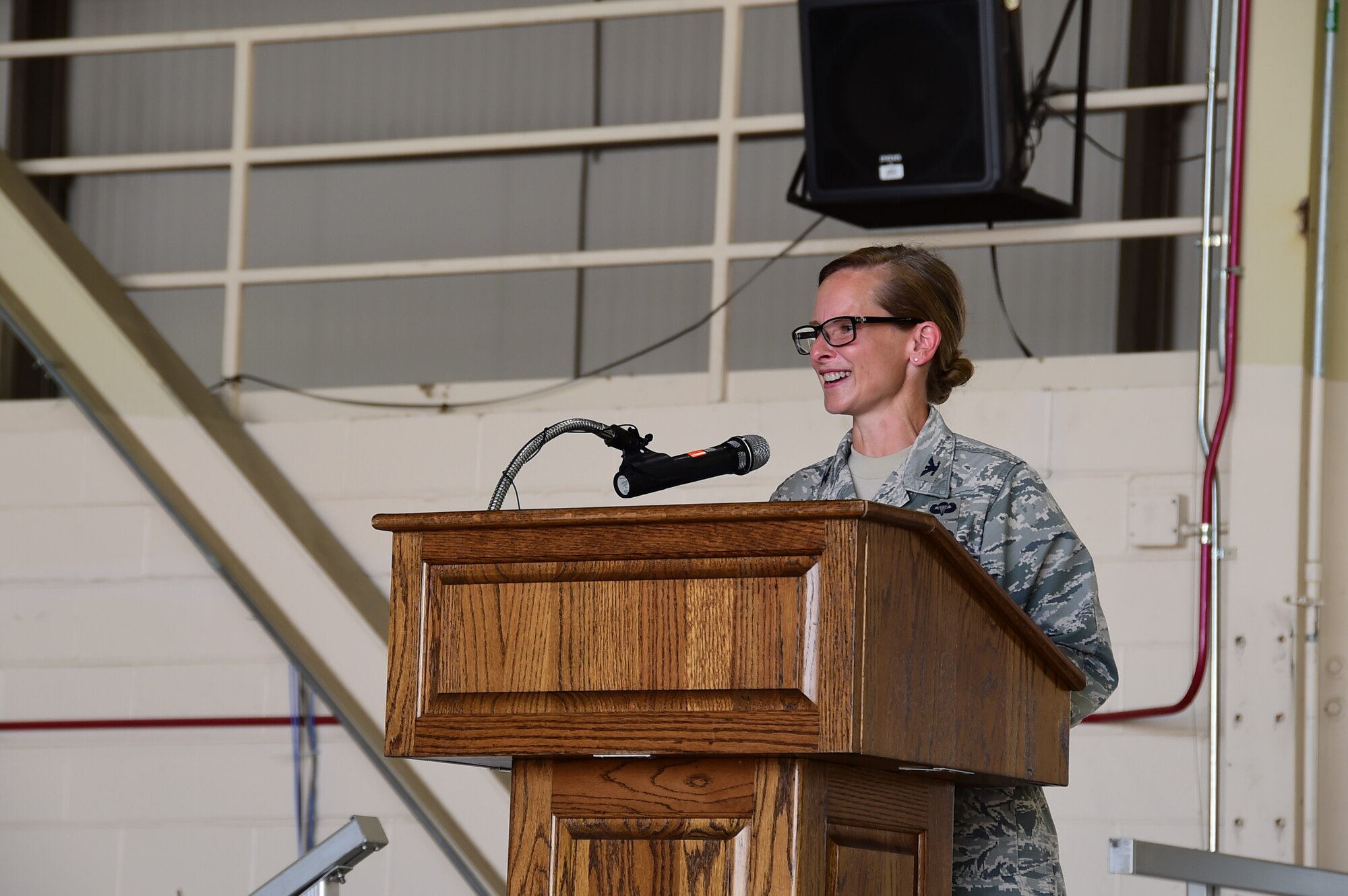 Col. Arianne Mayberry, 434th Maintenance Group commander, speaks to members of MXG during a change of command ceremony at Grissom Air Reserve Base, Indiana July 9, 2020. (U.S. Air Force photo/SSgt. Chris Massey)