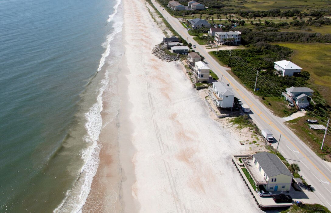 Photo of St. Johns County shoreline with Highway A1A. The Jacksonville District announced the award of a $15 million contract July 7, 2020, to execute a coastal storm risk management project to reinforce critically eroded sections of beach front.